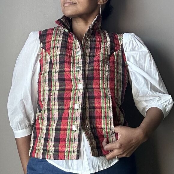Christopher & Banks Quilted Plaid Snap Up Vest Red Multi Women's Size Medium - Picture 1 of 13